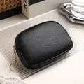Compact black pebbled leather coin purse with a golden zipper and keychain ring - Zipper Coin Purse (407) / Black