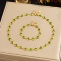 Elegant gold-plated stainless steel necklace and bracelet set with green glass squares - Two-Piece Set (N4033 B1999) / Gold (Green Stone)