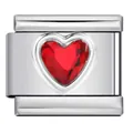 Detailed view of a polished stainless steel Italian modular charm with a red heart crystal - Heart Style (ICY721) / Red