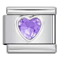Stainless steel Italian modular charm link featuring a faceted purple heart crystal - Heart Style (ICY720) / Light Purple