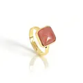Elegant gold-tone adjustable ring featuring a square reddish-pink natural gemstone inlay - Adjustable Open / Pink Strawberry Quartz
