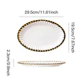 Oval ceramic dinner plate with pleated gold rim, 29.5cm length dimensions - 12-inch Gold Rim Oval Plate / White Gold Edge