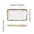 European style rectangular ceramic plate with gold wavy rim and metric dimensions - 12-inch Gold Rim Rectangular Plate / White Gold Edge