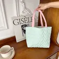 Stylish mint green quilted tote bag with heart patterns and pink handles for students - Small / Green