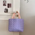 Charming purple quilted heart pattern tote bag with soft pink handles for daily use - Large / Purple