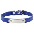 Detailed view of blue leather pet collar with a blank silver metal ID tag plate. - S / Blue
