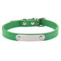 Close-up view of a green leather pet collar featuring a blank silver metal identification plate - S / Green