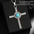 Macro detail of vintage titanium steel cross pendant with turquoise stone centerpiece - Turquoise Cross Necklace (08463) / Chain Length 60cm / Vintage Silver (Blue Stone Texture)