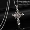 Close-up of vintage titanium steel rose cross pendant necklace with size specifications - Rose Cross Necklace (08466) / Chain Length 60cm / Vintage Silver (Rose)