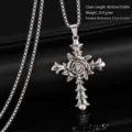 Close-up of vintage titanium steel rose cross pendant necklace with size specifications - Rose Cross Necklace (08466) / Chain Length 60cm / Vintage Silver (Rose)