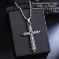 Macro view of vintage titanium steel cross pendant necklace with ornate engraved patterns - Four-Leaf Clover Engraved Cross (08470) / Chain Length 60cm / Antique Silver