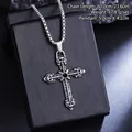 Close-up of vintage engraved silver cross pendant with black gemstone on jewelry box - Black Stone Engraved Cross (08473) / Chain Length 60cm / Antique Silver