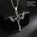 Detailed view of vintage titanium steel winged cross pendant necklace with rose engraving - Wing Rose Necklace (08480) / Chain Length 60cm / Vintage Silver (Wing Rose)