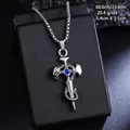 Detail view of retro titanium steel cross necklace with snake design and blue gem - Snake Pattern Blue Stone Cross (08483) / Chain Length 60cm / Antique Silver