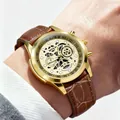 Wokai men's sports quartz watch with brown leather strap and gold case design. - Brown