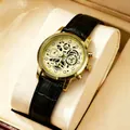 WOKAI luxury men's sports quartz watch with gold-toned case and black leather strap - Black