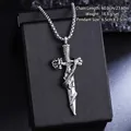 Close-up of vintage titanium steel sword cross pendant necklace with specifications - Sword Cross Necklace (08484) / Chain Length 60cm / Antique Silver