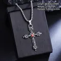 Retro stainless steel cross pendant necklace with red gem, silver punk hip hop style jewelry - Red Rhinestone Engraved Cross (08474) / Chain Length 60cm / Antique Silver