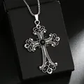 Vintage stainless steel cross pendant necklace with black stones in a gothic punk style - Black Rhinestone Hollow Cross (08476) / Chain Length 60cm / Antique Silver