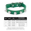Adjustable green PU leather pet collar with white pearls and size chart details - Green
