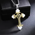 Vintage stainless steel two-tone cross pendant necklace in punk hip hop jewelry style - Gold and Silver Two-Tone Hollow Cross (08478) / Chain Length 60cm / Gold and Silver Two-tone