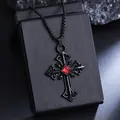 Vintage Gothic black titanium steel cross pendant necklace with square red gemstone. - Hollow Carved Cross Style (08491) / Chain Length 60cm / Black