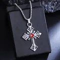 Vintage gothic cross pendant necklace with red gemstone in titanium steel silver finish - Hollow Carved Cross Style (08492) / Chain Length 60cm / Silver With Red Rhinestone