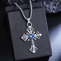 Vintage titanium steel cross necklace with a square blue stone pendant for men - Hollow Carved Cross Style (08493) / Chain Length 60cm / Silver With Blue Rhinestone