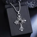 Gothic vintage titanium steel cross pendant necklace featuring black center stone - Hollow Carved Cross Style (08494) / Chain Length 60cm / Silver With Black Zirconia