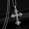 Vintage ornate silver cross pendant necklace with clear rhinestones for punk hip-hop style - Baroque Scroll Pattern Hollow Cross Style (08498) / Chain Length 60cm / Vintage Silver with Clear Rhinestone