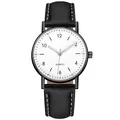 Close-up detail of a minimalist quartz watch with white dial and black leather strap. - Black Strap With White Dial