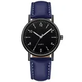 Detailansicht einer minimalistischen Quarzuhr mit schwarzem Zifferblatt und blauem Lederband - Gunmetal Schwarzes Zifferblatt Blaues Armband