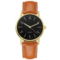 Klassische Quarzuhr mit braunem Lederarmband und schwarzem Zifferblatt für Unisex - Gold Schwarzes Zifferblatt Braunes Armband