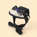 Chapeau de soleil noir élégant pour animaux avec bord en paille et nœud bijou bleu - M / Style Nœud Papillon en Paille (B04427) / Noir