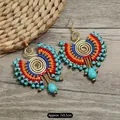 Bohemian handmade woven earrings with colorful beads and vintage spiral design - Approx 7x5.5cm / Woven Wing Turquoise (Style A)