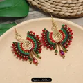 Handmade bohemian woven drop earrings with colorful beads and golden spiral detail - Approx. 6.5x5.5cm / Woven Jade Crystal (Style B)