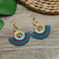 Bohemian ethnic style hand-woven fan shaped earrings in colorful thread and gold finish - Approx. 4.8x4.5cm / Woven Fan Copper Beads (Style D)