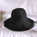 Black breathable straw bucket hat with wide frayed brim for sun protection - M (56-58cm) / Black