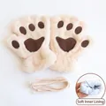 Cute beige cat paw plush fingerless gloves featuring a soft and warm padded inner lining - Cat Paw Style (With Strap) / Beige