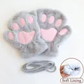 Cute gray cat paw plush fingerless gloves featuring a soft warm lining and neck strap - Cat Paw Style (With Strap) / Gray