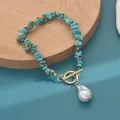 Handmade natural turquoise stone bracelet with gold OT clasp and baroque pearl pendant - Bracelet