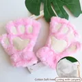 Cute pink plush fingerless cat paw gloves featuring soft lining and hanging rope - Cat Paw Style (With Strap) / Pink