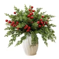 Christmas artificial cedar and red berry arrangement in a white textured vase - With White Vase / 35 Pine Branches and 12 Red Berries
