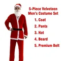 Five-piece velvet Santa Claus costume set for men including hat, beard, and belt - Set / Gold Velvet 5-Piece Set / Christmas Red