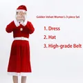 3-piece women's velvet Santa costume including dress, hat, and belt - 3-Piece Gold Velvet Set for Women / One Size