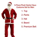 Classic men's 5-piece red plush Santa Claus costume set including hat and beard - Plush Men's 5-Piece Costume Set / One Size