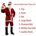 Full 7-piece plush Santa Claus costume set for men with hat, beard, belt and gift bag - Set / Plush 7-Piece Set / Christmas Red