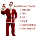 Men's 6-piece premium plush Santa Claus costume set including hat, beard, belt and bag - Plush Men's 6-Piece Costume Set / One Size