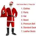 Classic 7-piece gold velvet Santa Claus costume set for men including red gift bag - Golden Velvet Men's 7-Piece Costume Set / One Size