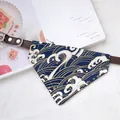Japanese style blue wave pattern pet bandana collar with durable brown leather strap - Size XS (15-21cm) / Blue Sea Wave